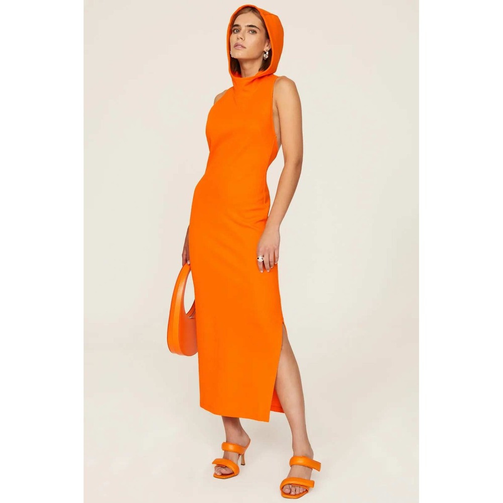 Victor Glemaud Cut Out Hooded Dress Orange Open Back Midi Sleeveless Side Slit S